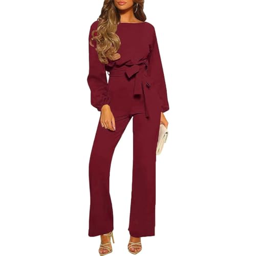 Odizli Jumpsuit Damen Elegant Schick Langarm Herbst Winter Overall Frauen Hochzeit Festlich Hochzeitsgäste Business Hosenanzug Formal Party Geschäft Lang Playsuit Romper Große Größen Weinrot XL von Odizli