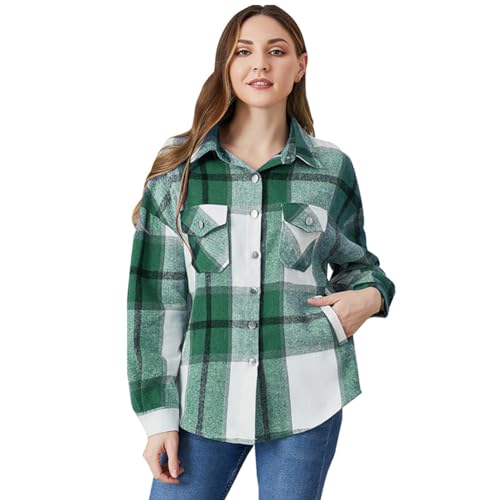Odizli Karierte Bluse Damen Langarm Turn-down Button Down Karohemd Flanellhemd Hemd Jacket Mantel Holzfällerhemd Herbst Winter Hemdjacke Hemdbluse Partnerlook Mutter Tochter Outfit Grün-Frauen XL von Odizli