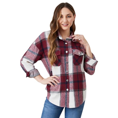 Odizli Karierte Bluse Damen Langarm Turn-down Button Down Plaid Karohemd Flanellhemd Hemd Jacket Mantel Holzfällerhemd Herbst Winter Hemdjacke Hemdbluse Partnerlook Mutter Tochter Outfit Rot-Frauen L von Odizli