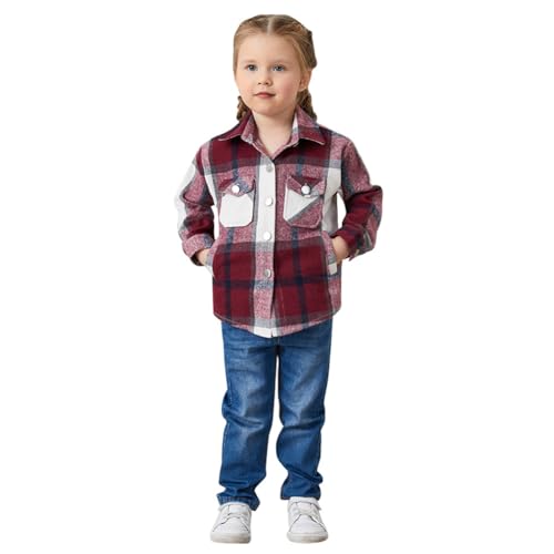 Odizli Karierte Bluse Mädchen Langarm Button Down Plaid Karohemd Flanellhemd Hemd Jacket Mantel Holzfällerhemd Herbst Winter Hemdjacke Hemdbluse Partnerlook Mutter Tochter Outfit Rot-Kinder 6-7 Jahre von Odizli