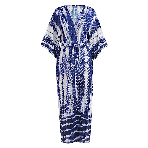 Odizli Kimono Damen Lang Strandkimonos Sommer Strand Leicht 3/4 Ärmel Boho Drucken Cardigan Jacke Strandkleid Sommerkleid Badeanzug Pareos Strandponcho Bikini Cover Up Festival Outfit Dunkelblau F von Odizli