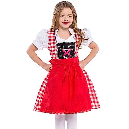 Odizli Kinder Dirndl Mädchen Kurzarm Weiß Blusen Dirndlbluse Trachtenbluse + Schürze Dirndlschürze + Trachtenrock Trachtenkleid Billig Kurz Oktoberfest 3tlg Outfit Kinderdirndl Rot Gitter 3-4 Jahre von Odizli