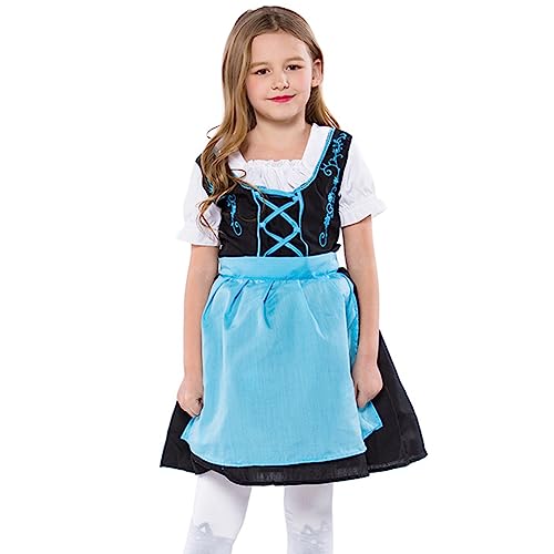 Odizli Kinder Dirndl Mädchen Kurzarm Weiß Blusen Dirndlbluse Trachtenbluse + Schürze Dirndlschürze + Trachtenrock Trachtenkleid Billig Oktoberfest 3tlg Outfit Kinderdirndl Blau Schwarz 6-8 Jahre von Odizli