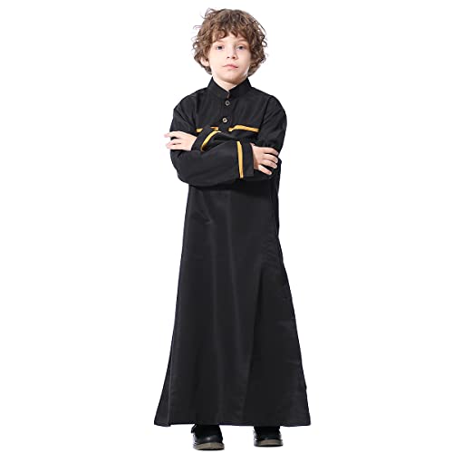 Odizli Kinder Jungen Kaftan Abaya Muslimische Kleider Arabische Islamische Kleidung Gebetskleidung Tunika Nachthemd Dubai Mittlerer Osten Robe Langarm Button Down Lang Thobe Schwarz #1 13-14 Jahre von Odizli