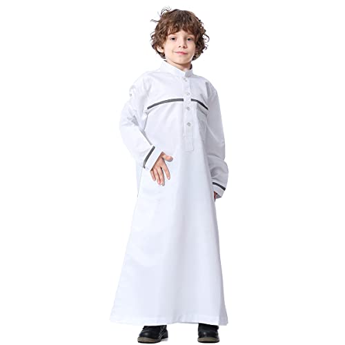 Odizli Kinder Jungen Kaftan Abaya Muslimische Kleider Arabische Islamische Kleidung Gebetskleidung Tunika Nachthemd Dubai Mittlerer Osten Robe Langarm Button Down Lose Lang Thobe Weiß #1 13-14 Jahre von Odizli