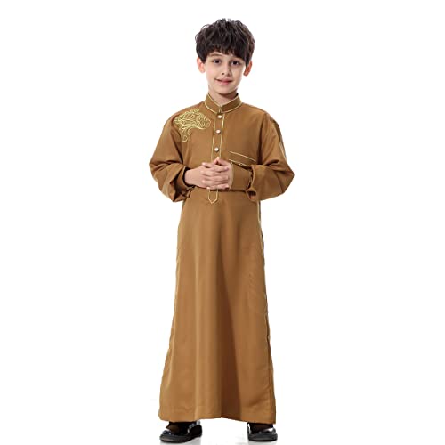 Odizli Kinder Jungen Kaftan Abaya Muslimische Kleider Arabische Islamische Kleidung Gebetskleidung Tunika Nachthemd Dubai Robe Langarm Stickerei Button Down Lose Lang Thobe Braun 13-14 Jahre von Odizli