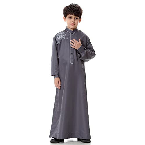 Odizli Kinder Jungen Kaftan Abaya Muslimische Kleider Arabische Islamische Kleidung Gebetskleidung Tunika Nachthemd Dubai Robe Langarm Stickerei Button Down Lose Lang Thobe Grau 9-10 Jahre von Odizli