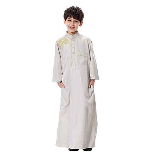 Odizli Kinder Jungen Kaftan Abaya Muslimische Kleider Arabische Islamische Kleidung Gebetskleidung Tunika Nachthemd Dubai Robe Langarm Stickerei Button Down Lose Lang Thobe Silbergrau 13-14 Jahre von Odizli