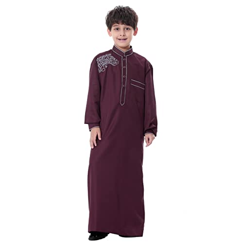 Odizli Kinder Jungen Kaftan Abaya Muslimische Kleider Arabische Islamische Kleidung Gebetskleidung Tunika Nachthemd Dubai Robe Langarm Stickerei Button Down Lose Lang Thobe Weinrot 5-6 Jahre von Odizli