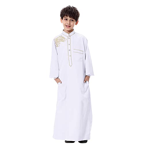 Odizli Kinder Jungen Kaftan Abaya Muslimische Kleider Arabische Islamische Kleidung Gebetskleidung Tunika Nachthemd Dubai Robe Langarm Stickerei Button Down Lose Lang Thobe Weiß 11-12 Jahre von Odizli