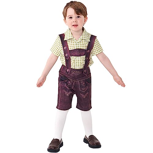 Odizli Kinder Jungen Kurzarm Gingham Hemd Trachtenhemd + Kurz Trachtenhosen + Trachtensocken Stockerpoint 3tlg Outfit Oktoberfest Halloween Karneval Cosplay Kostüm Grün 2-4 Jahre von Odizli