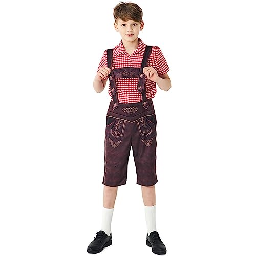 Odizli Kinder Jungen Kurzarm Gingham Hemd Trachtenhemd + Kurz Trachtenhosen + Trachtensocken Stockerpoint 3tlg Outfit Oktoberfest Halloween Karneval Cosplay Kostüm Rot 10-12 Jahre von Odizli