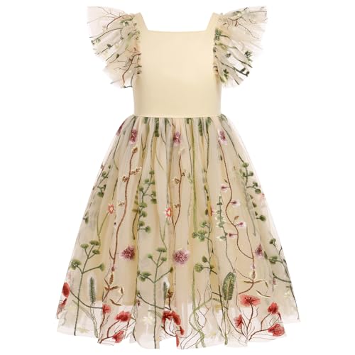 Odizli Kinder Mädchen Sommer Flutter Ärmel Schmetterling Blume Tütü Tüllkleid Prinzessin Kleid Blumenmädchenkleider Festliche Hochzeit Erstkommunion Party Einschulungs Sommerkleid Aprikose 6-7 Jahre von Odizli