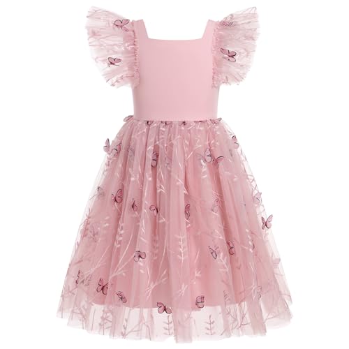 Odizli Kinder Mädchen Sommer Flutter Ärmel Schmetterling Blume Tütü Tüllkleid Prinzessin Kleid Blumenmädchenkleider Festliche Hochzeit Erstkommunion Party Einschulungs Sommerkleid Bohnenrosa 4-5 Jahre von Odizli