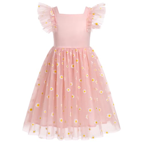 Odizli Kinder Mädchen Sommer Flutter Ärmel Schmetterling Blume Tütü Tüllkleid Prinzessin Kleid Blumenmädchenkleider Festliche Hochzeit Erstkommunion Party Einschulungs Sommerkleid Rosa 7-8 Jahre von Odizli