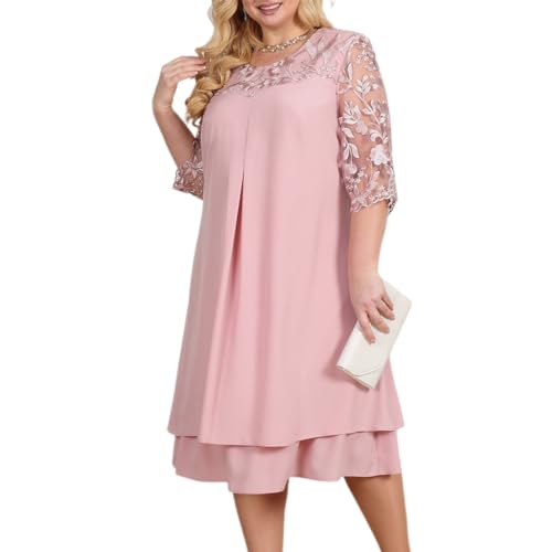 Odizli Kleider Große Größen Damen Mollige Frauen Elegant Blume Stickerei 3/4 Ärmel Chiffonkleid Hochzeit Hochzeitsgast Festlich Coctailkleid Abendkleid Abschlusskleider Brautmutterkleider Rosa XL von Odizli