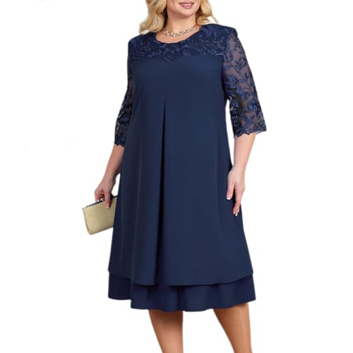 Odizli Kleider Große Größen Damen Mollige Frauen Elegant Sommer Blume Stickerei 3/4 Ärmel Chiffonkleid Hochzeit Hochzeitsgast Festlich Coctailkleid Kurz Abendkleid Brautmutterkleider Marineblau L von Odizli