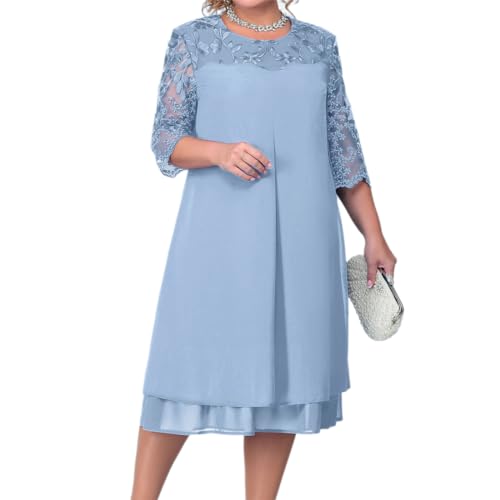 Odizli Kleider Große Größen Damen Mollige Frauen Elegant Sommer Mesh Blume Stickerei 3/4 Ärmel Chiffonkleid Hochzeit Hochzeitsgast Festlich Coctailkleid Kurz Abendkleid Brautmutterkleider Blau 4XL von Odizli