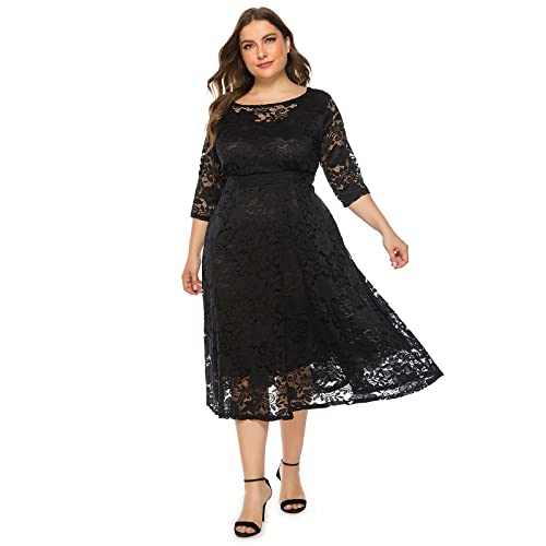 Kleider Große Größen Festlich Abendkleid Lang Elegant für Hochzeit Gast Mollige Frauen 3/4 Ärmel Spitzenkleid Damen Hochzeitsgast Coctailkleid Abschlusskleider Festkleider Abikleid Schwarz 5XL von Odizli