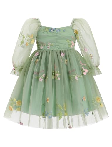 Odizli Kleider f�r M�dchen Baby Kinder Mesh Langarm Glitzer Blume Stickerei T�llkleid Erster 1. Geburtstag Hochzeit Festliches Einschulungs Winterkleid Taufkleid Fotoshooting Gr�n 18-24 Monate von Odizli