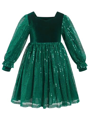 Odizli Kleider f�r M�dchen Kinder Herbst Winter Langarm Glitzer Pailletten Prinzessin A-Linie Samtkleid Winterkleid Festlich Hochzeit Weihnachten Weihnachtskleid Kinderkleidung Gr�n 6-7 Jahre von Odizli
