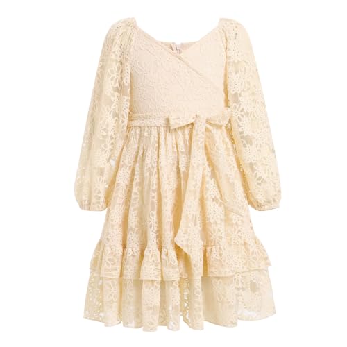 Odizli Kleider f�r M�dchen Kinder Herbst Winter Langarm V-Ausschnitt Blume Spitze R�schen Prinzessin A Line Midi Herbstkleid Festliches Hochzeit Einschulung Einschulungskleid Aprikose 5-6 Jahre von Odizli