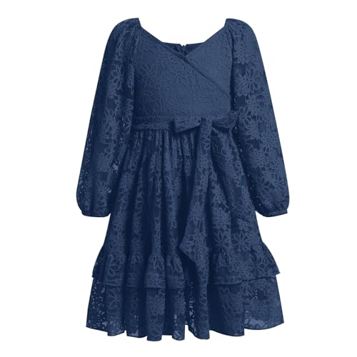 Odizli Kleider f�r M�dchen Kinder Herbst Winter Langarm V-Ausschnitt Blume Spitze R�schen Prinzessin A Line Midi Herbstkleid Festliches Hochzeit Einschulung Einschulungskleid Marineblau 7-8 Jahre von Odizli