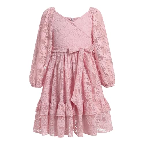 Odizli Kleider f�r M�dchen Kinder Herbst Winter Langarm V-Ausschnitt Blume Spitze R�schen Prinzessin A Line Midi Herbstkleid Festliches Hochzeit Einschulung Einschulungskleid Rosa 9-10 Jahre von Odizli