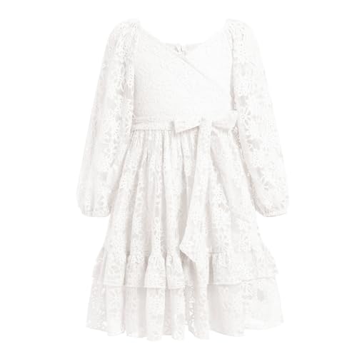 Odizli Kleider f�r M�dchen Kinder Herbst Winter Langarm V-Ausschnitt Blume Spitze R�schen Prinzessin A Line Midi Herbstkleid Festliches Hochzeit Einschulung Einschulungskleid Wei� 8-9 Jahre von Odizli