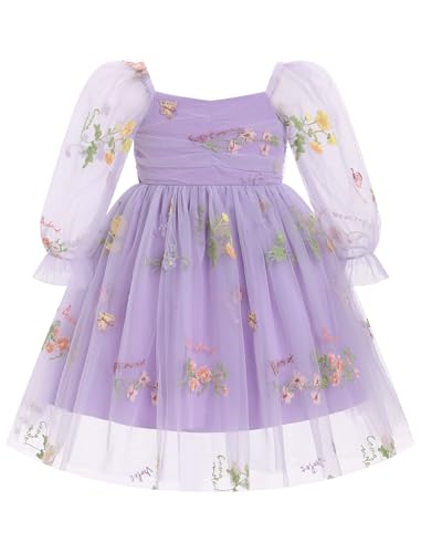 Odizli Kleider für Mädchen Baby Kinder Mesh Langarm Blume Stickerei Tüllkleid Erster 1. Geburtstag Hochzeit Festliches Einschulungs Winterkleid Taufkleid Fotoshooting Lila Stickerei 5-6 Jahre von Odizli
