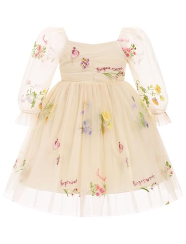 Odizli Kleider für Mädchen Baby Kinder Mesh Langarm Glitzer Blume Stickerei Tüllkleid Erster 1. Geburtstag Hochzeit Festliches Einschulungs Winterkleid Taufkleid Fotoshooting Aprikose 18-24 Monate von Odizli