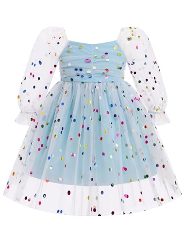 Odizli Kleider für Mädchen Baby Kinder Mesh Langarm Glitzer Blume Stickerei Tüllkleid Erster 1. Geburtstag Hochzeit Festliches Einschulungs Winterkleid Taufkleid Fotoshooting Blau 2-3 Jahre von Odizli