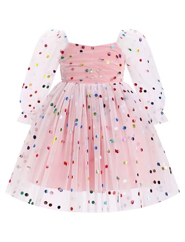 Odizli Kleider für Mädchen Baby Kinder Mesh Langarm Glitzer Blume Stickerei Tüllkleid Erster 1. Geburtstag Hochzeit Festliches Einschulungs Winterkleid Taufkleid Fotoshooting Rosa Bunt 5-6 Jahre von Odizli
