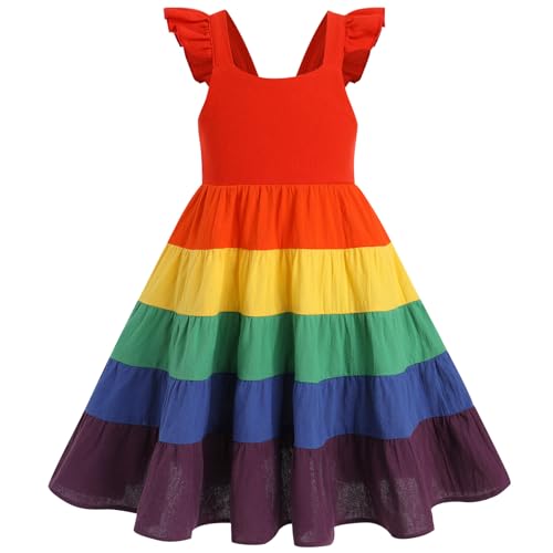 Odizli Kleider für Mädchen Kinder Baby Baumwolle Sommer Ärmellos Boho Blume Rüschen A-Linie Sommerkleid Einschulung Festliche Hochzeit Geburtstag Einschulungskleid Freizeitkleid Regenbogen 5-6 Jahre von Odizli