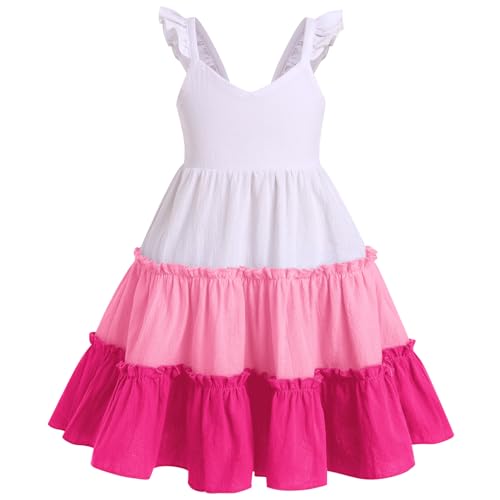 Odizli Kleider für Mädchen Kinder Baby Baumwolle Sommer Ärmellos Boho Blume Rüschen A-Linie Sommerkleid Einschulung Festliche Hochzeit Geburtstag Einschulungskleid Freizeitkleid Rosa 5-6 Jahre von Odizli