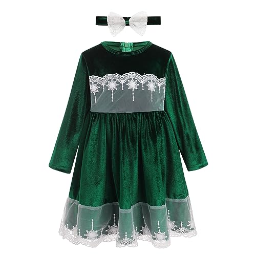 Odizli Kleider für Mädchen Kinder Baby Herbst Winter Langarm Samt Spitze Samtkleid + Stirnband Geburtstag Outfit Festlich Hochzeit Einschulung Weihnachten Taufkleid Freizeitkleid Grün 4-5 Jahre von Odizli