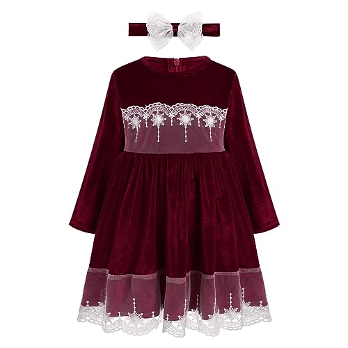 Odizli Kleider für Mädchen Kinder Baby Herbst Winter Langarm Samt Spitze Samtkleid + Stirnband Geburtstag Outfit Festlich Hochzeit Einschulung Weihnachten Taufkleid Freizeitkleid Weinrot 5-6 Jahre von Odizli