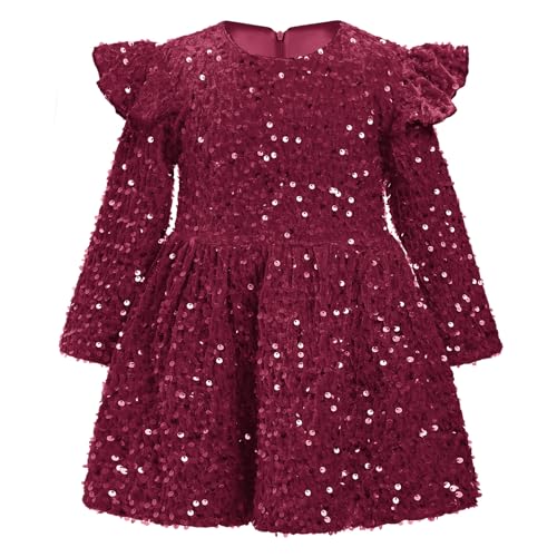 Odizli Kleider für Mädchen Kinder Baby Herbst Winter Warm Langarm Glitzer Pailletten Prinzessin Tütü Samtkleid Festlich Hochzeit Einschulung Geburtstag Weihnachten Party Taufkleid Weinrot 3-4 Jahre von Odizli