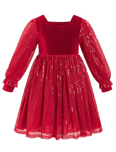 Odizli Kleider für Mädchen Kinder Herbst Winter Langarm Glitzer Pailletten Prinzessin A-Linie Samtkleid Winterkleid Festlich Hochzeit Weihnachten Weihnachtskleid Kinderkleidung Rot 8-9 Jahre von Odizli