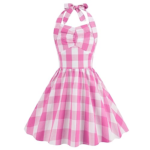 Odizli Kleider für Mädchen Kinder Rockabilly 40er 50er Jahre Vintage Ärmellos Neckholder Kariert Swing Sommerkleid Blumenmädchenkleid Festlich Hochzeit Einschulung Kurz Abendkleid Rosa Plaid 6-7 Jahre von Odizli