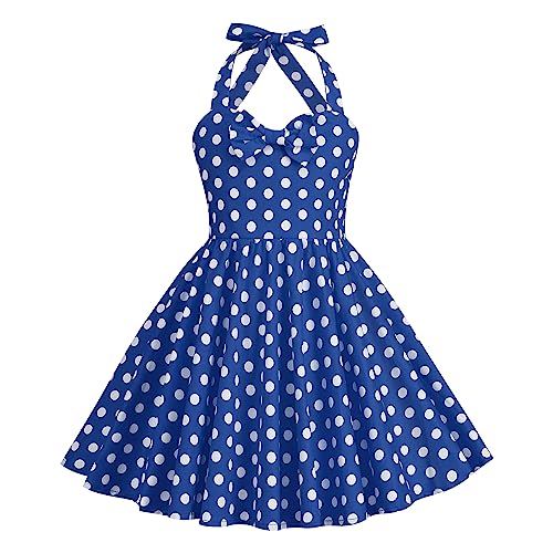 Odizli Kleider für Mädchen Kinder Rockabilly 40er 50er Jahre Vintage Ärmellos Neckholder Swing Sommerkleid Blumenmädchenkleid Festlich Hochzeit Einschulung Kurz Abendkleid Blau Polka Dot 11-12 Jahre von Odizli