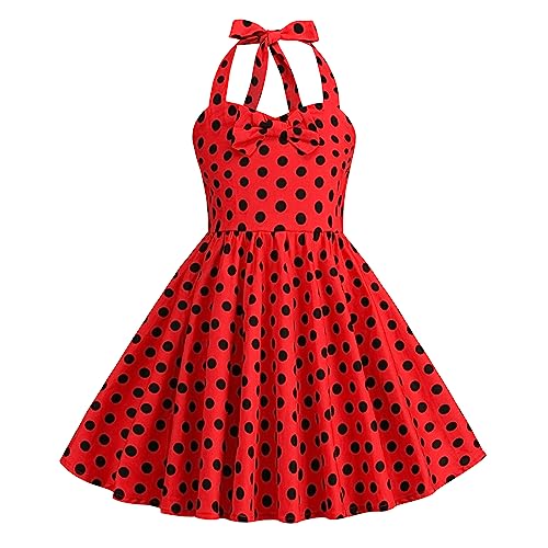 Odizli Kleider für Mädchen Kinder Rockabilly 40er 50er Jahre Vintage Ärmellos Neckholder Swing Sommerkleid Blumenmädchenkleid Festlich Hochzeit Einschulung Kurz Abendkleid Rot Ladybug 11-12 Jahre von Odizli