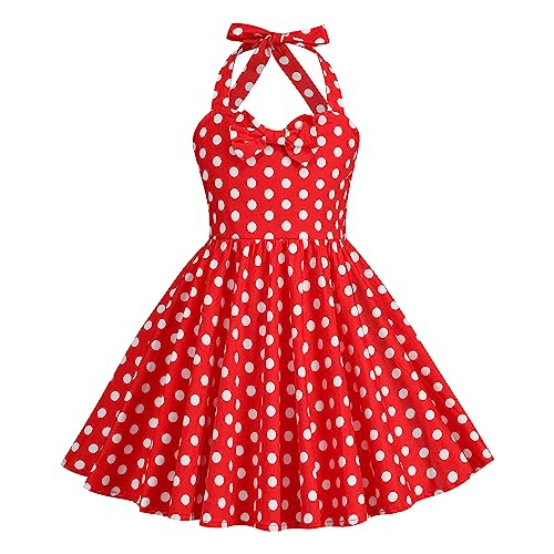 Odizli Kleider für Mädchen Kinder Rockabilly 40er 50er Jahre Vintage Ärmellos Neckholder Swing Sommerkleid Blumenmädchenkleid Festlich Hochzeit Einschulung Kurz Abendkleid Rot Polka Dot 11-12 Jahre von Odizli