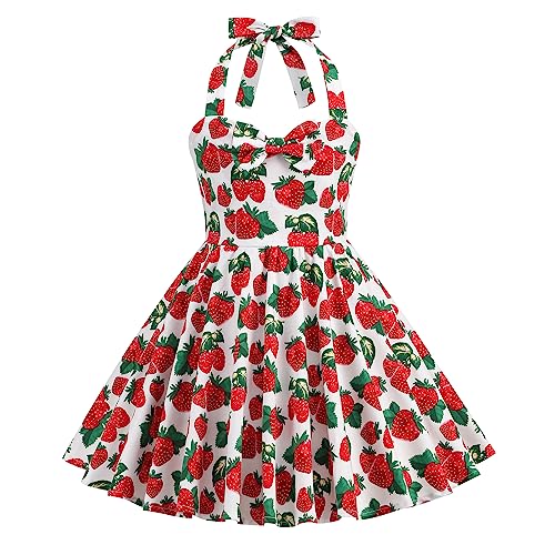 Odizli Kleider für Mädchen Kinder Rockabilly 40er 50er Jahre Vintage Ärmellos Neckholder Swing Sommerkleid Blumenmädchenkleid Festlich Hochzeit Einschulung Partykleid Abendkleid Erdbeere 11-12 Jahre von Odizli