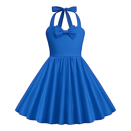 Odizli Kleider für Mädchen Kinder Rockabilly 40er 50er Jahre Vintage Ärmellos Neckholder Swing Sommerkleid Blumenmädchenkleid Festlich Hochzeit Einschulung Partykleid Kurz Abendkleid Blau 9-10 Jahre von Odizli