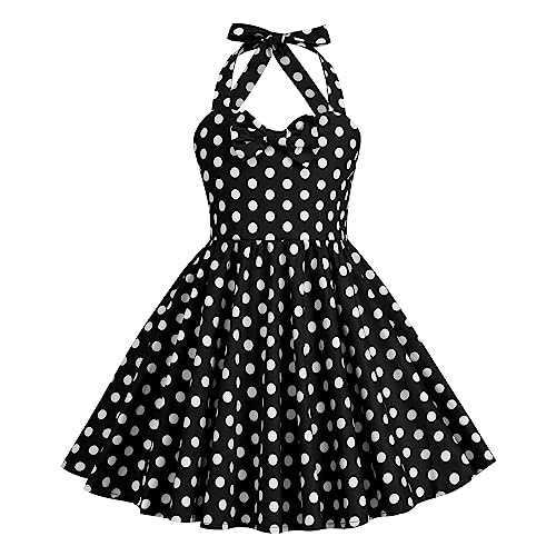 Odizli Kleider für Mädchen Kinder Rockabilly 40er 50er Jahre Vintage Ärmellos Neckholder Swing Sommerkleid Blumenmädchenkleid Festlich Hochzeit Einschulung Partykleid Schwarz Polka Dot 11-12 Jahre von Odizli