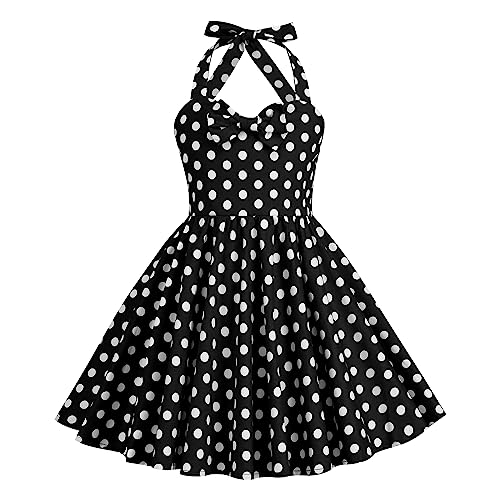 Odizli Kleider für Mädchen Kinder Rockabilly 40er 50er Jahre Vintage Ärmellos Neckholder Swing Sommerkleid Blumenmädchenkleid Festlich Hochzeit Einschulung Partykleid Schwarz Polka Dot 9-10 Jahre von Odizli