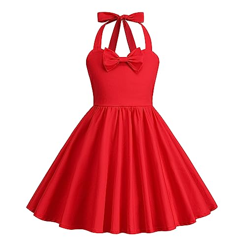 Odizli Kleider für Mädchen Kinder Rockabilly 40er 50er Jahre Vintage Ärmellos Neckholder Swing Sommerkleid Blumenmädchenkleid Festliches Hochzeit Einschulung Partykleid Kurz Abendkleid Rot 11-12 Jahre von Odizli