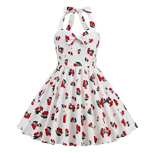 Odizli Kleider für Mädchen Kinder Rockabilly 50er Jahre Vintage Ärmellos Neckholder Swing Sommerkleid Blumenmädchenkleid Festlich Hochzeit Einschulung Partykleid Kurz Abendkleid Kirsche 11-12 Jahre von Odizli