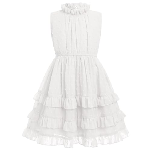 Odizli Kleider für Mädchen Kinder Sommer Ärmellos Schweizer Punkt Chiffon Rüschen A-Linie Sommerkleid Einschulung Festliche Hochzeit Geburtstag Party Einschulungskleid Freizeitkleid Weiß 8-9 Jahre von Odizli